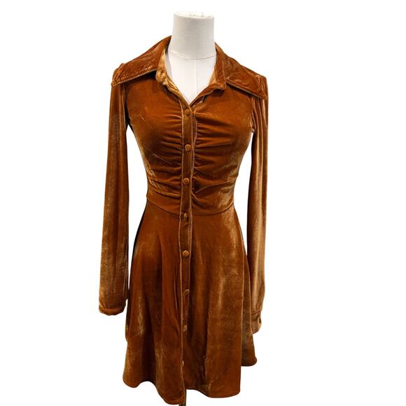 Urban Outfitters Rust Orange Velvet Long Sleve Mini Dress Long Sleeve XS Fall - Picture 1 of 8